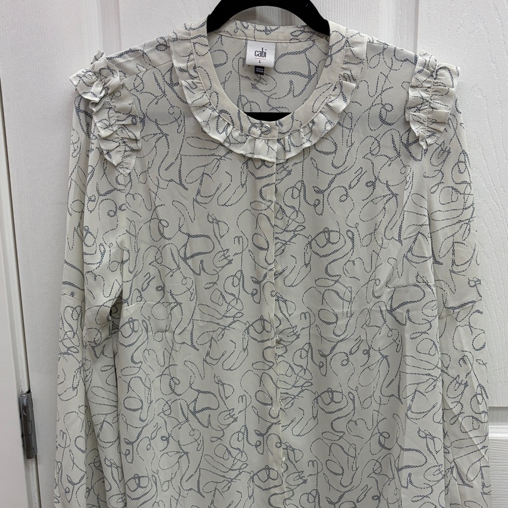 CAbi Cream Blouse with Navy Abstract Print and Ruffle Collar